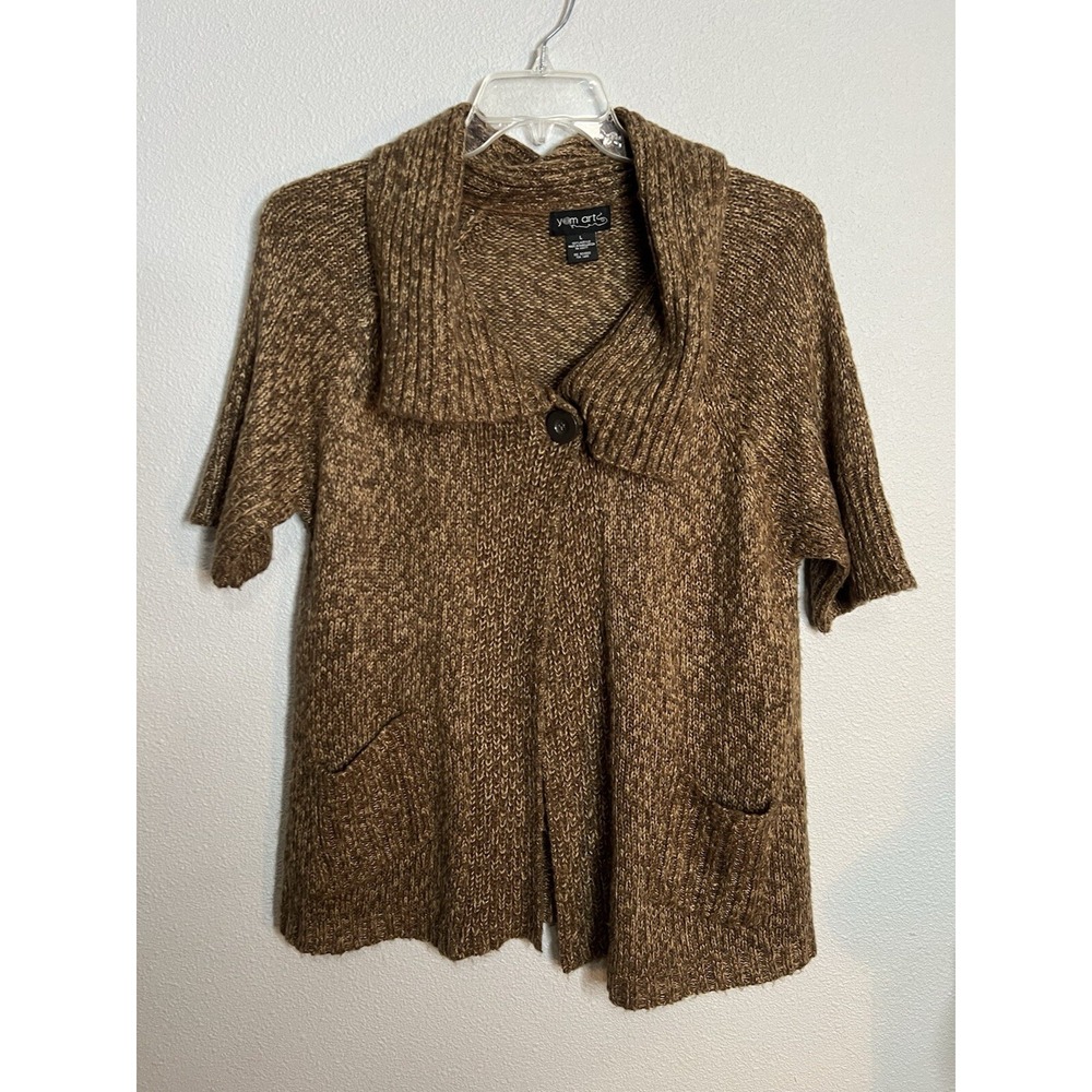 Yarn Art Womens Large knit sweater brown Single Button Pockets Casual Cozy